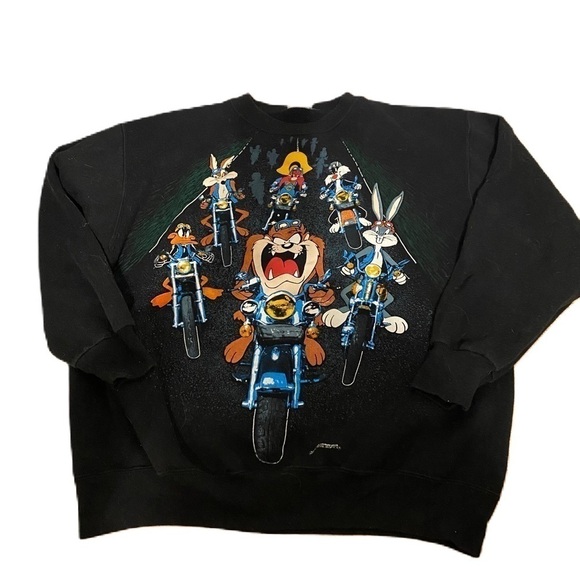 Vintage Looney Tunes Motorcycle Sweatshirt Large 90s Black Tweety Bugs Bunny - Picture 1 of 7
